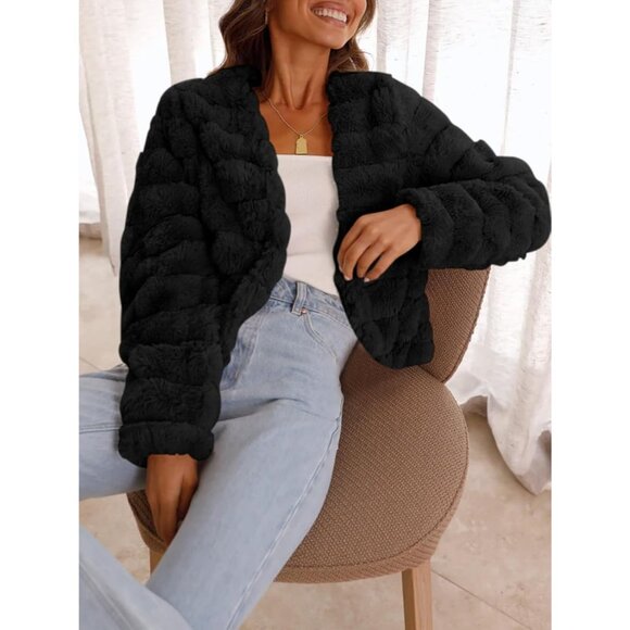 Women's Faux Fur Coats Fleece Cropped Jacket Long Sleeve Shaggy Warm Black - Picture 5 of 5